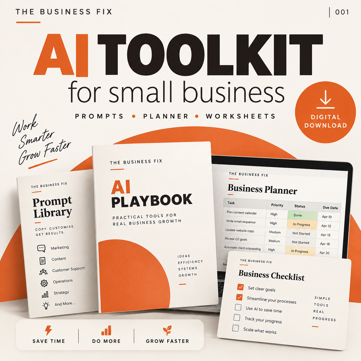 Business Fix 001, Stop Buying AI Tools, shown as a complete digital business toolkit