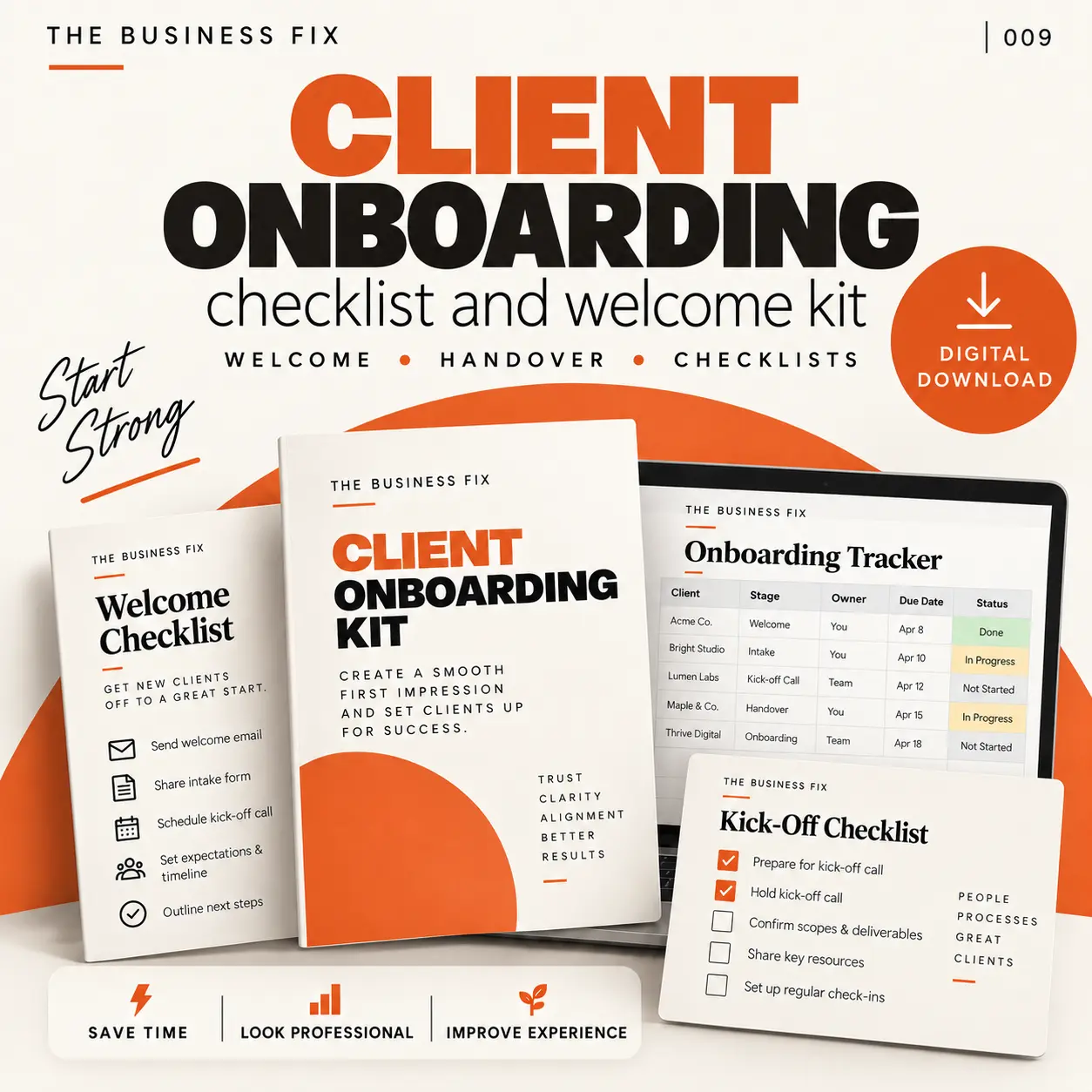 Business Fix 009, Build a Client Onboarding System, shown as a complete digital business toolkit