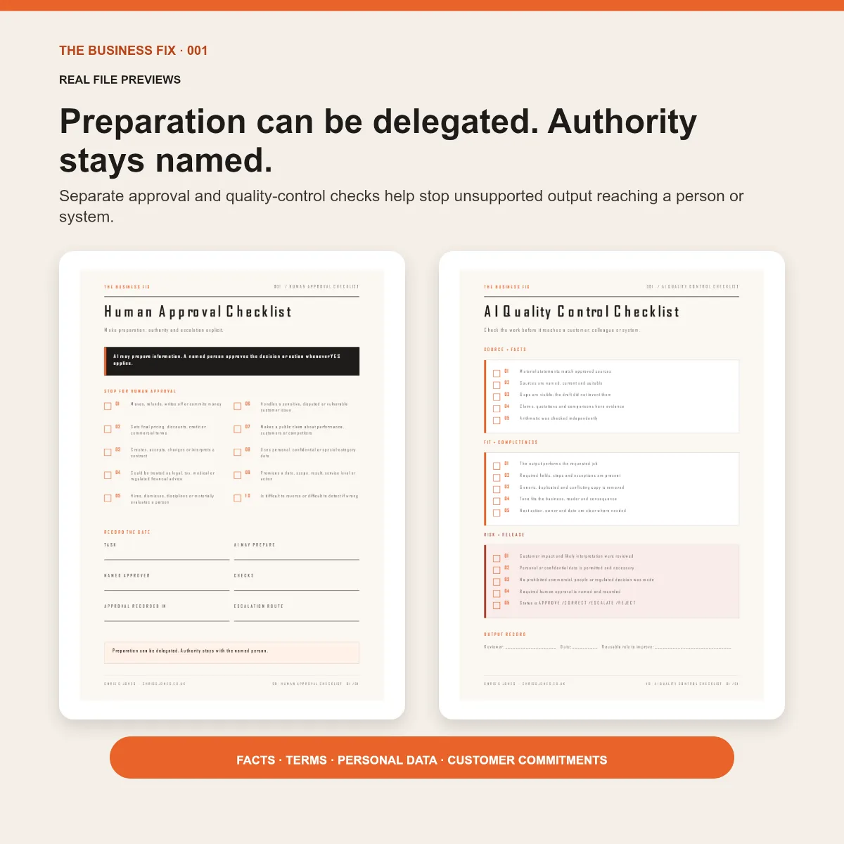 Human approval and quality-control guidance in Business Fix 001, Stop Buying AI Tools
