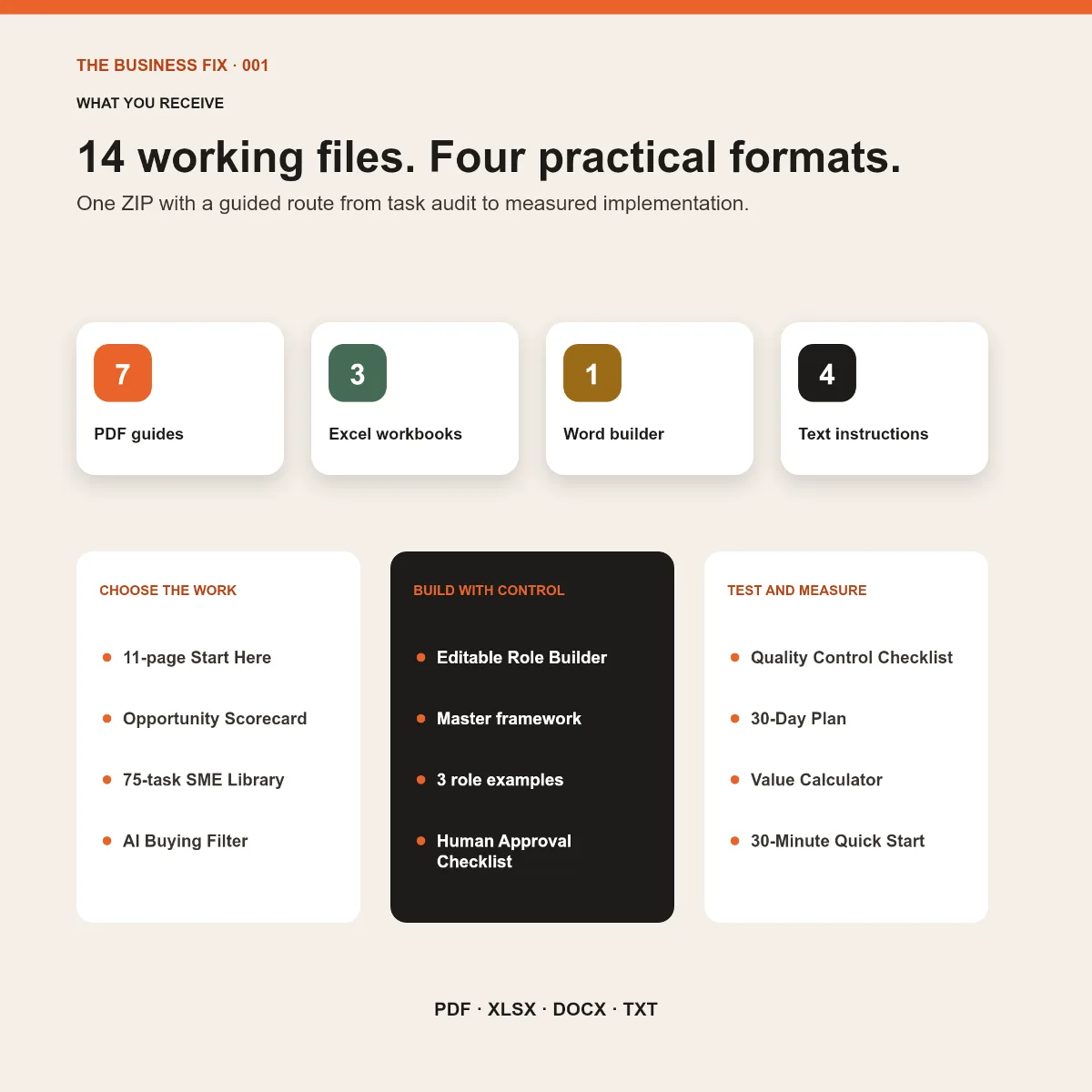 File formats and working tools included in Business Fix 001, Stop Buying AI Tools