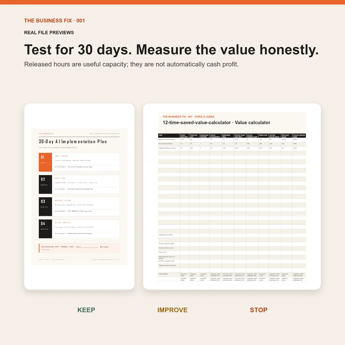 Implementation plan and value workbook in Business Fix 001, Stop Buying AI Tools