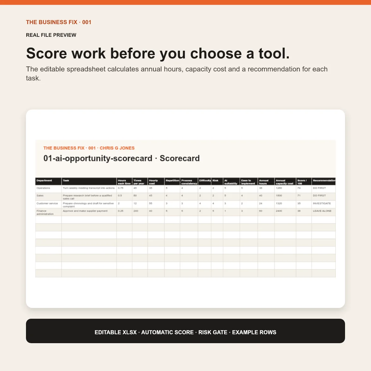 Preview of an editable workbook included in Business Fix 001, Stop Buying AI Tools