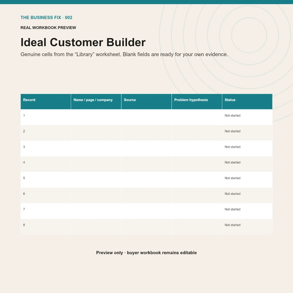 Preview of an editable workbook included in Business Fix 002, Get Your First 10 Customers