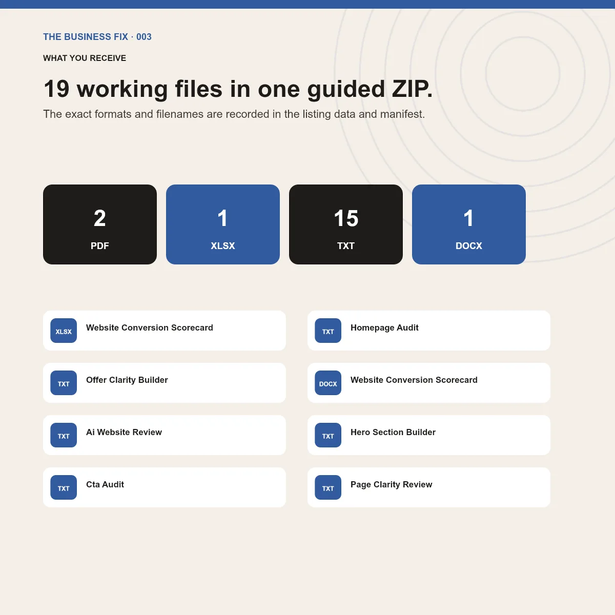 File formats and working tools included in Business Fix 003, Fix Your Website Before Buying More Traffic