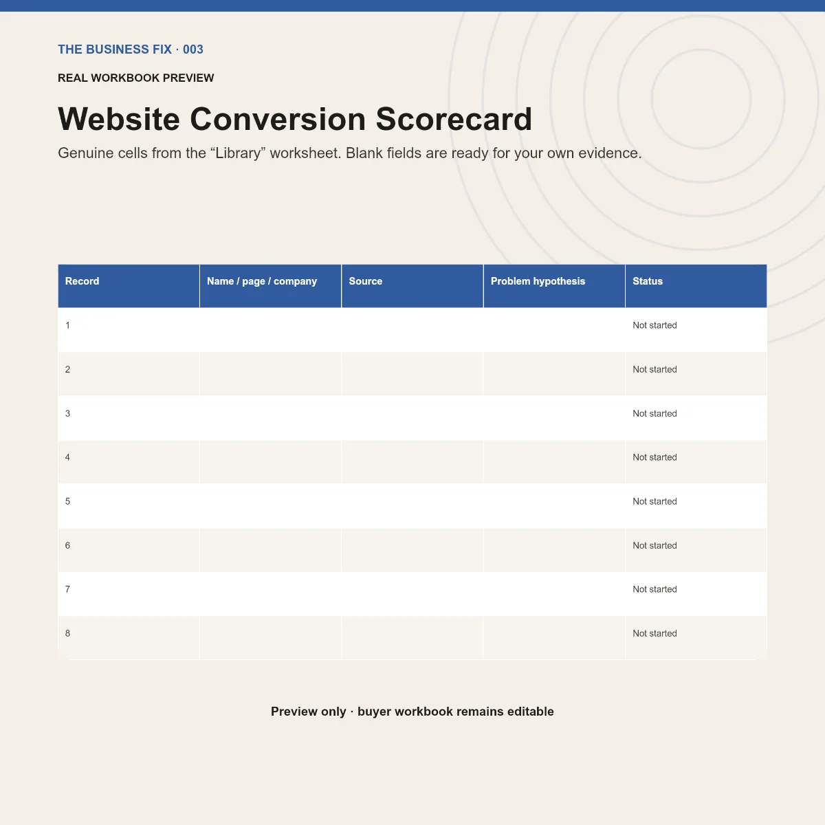 Preview of an editable workbook included in Business Fix 003, Fix Your Website Before Buying More Traffic