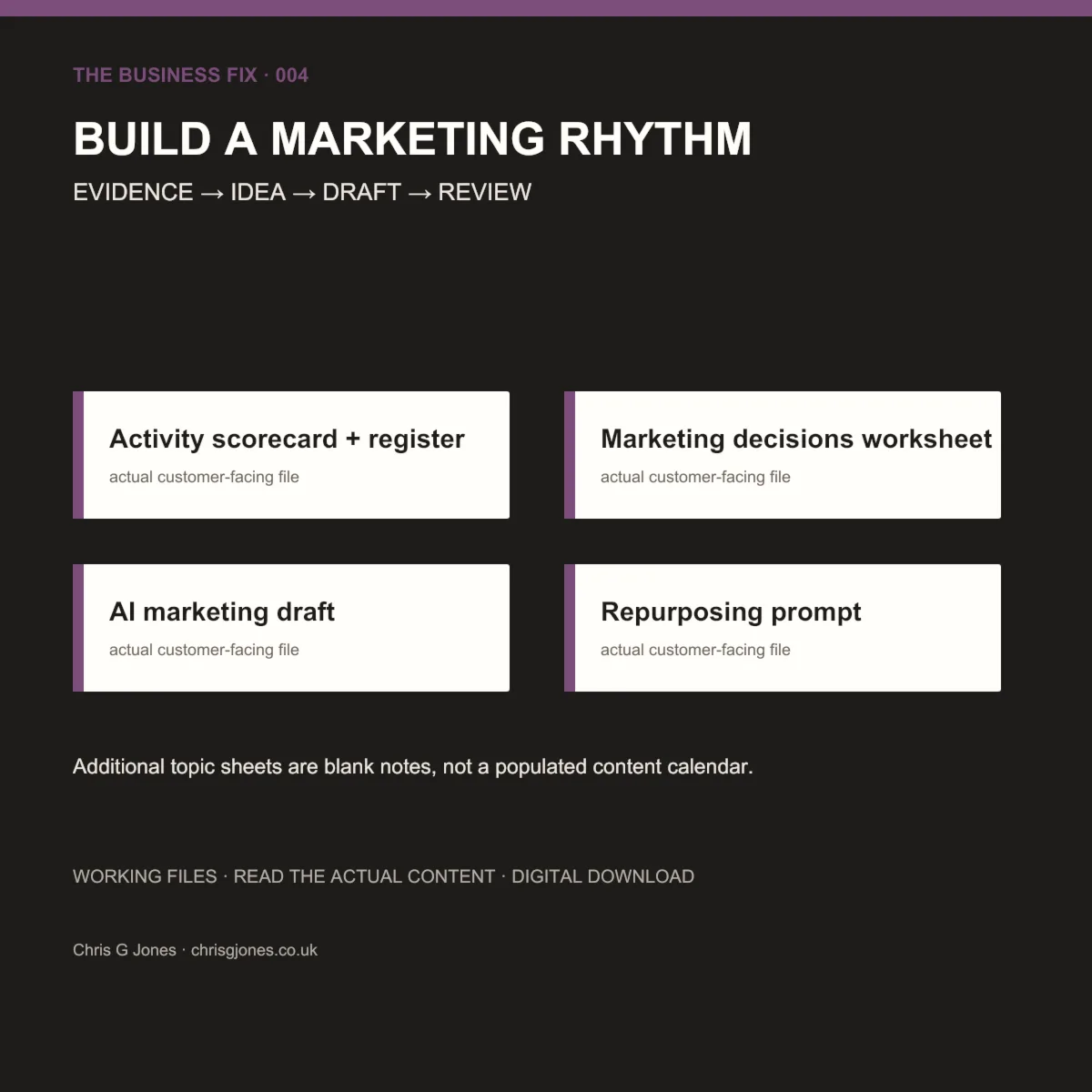 File formats and working tools included in Business Fix 004, Build a Marketing System You Can Actually Maintain
