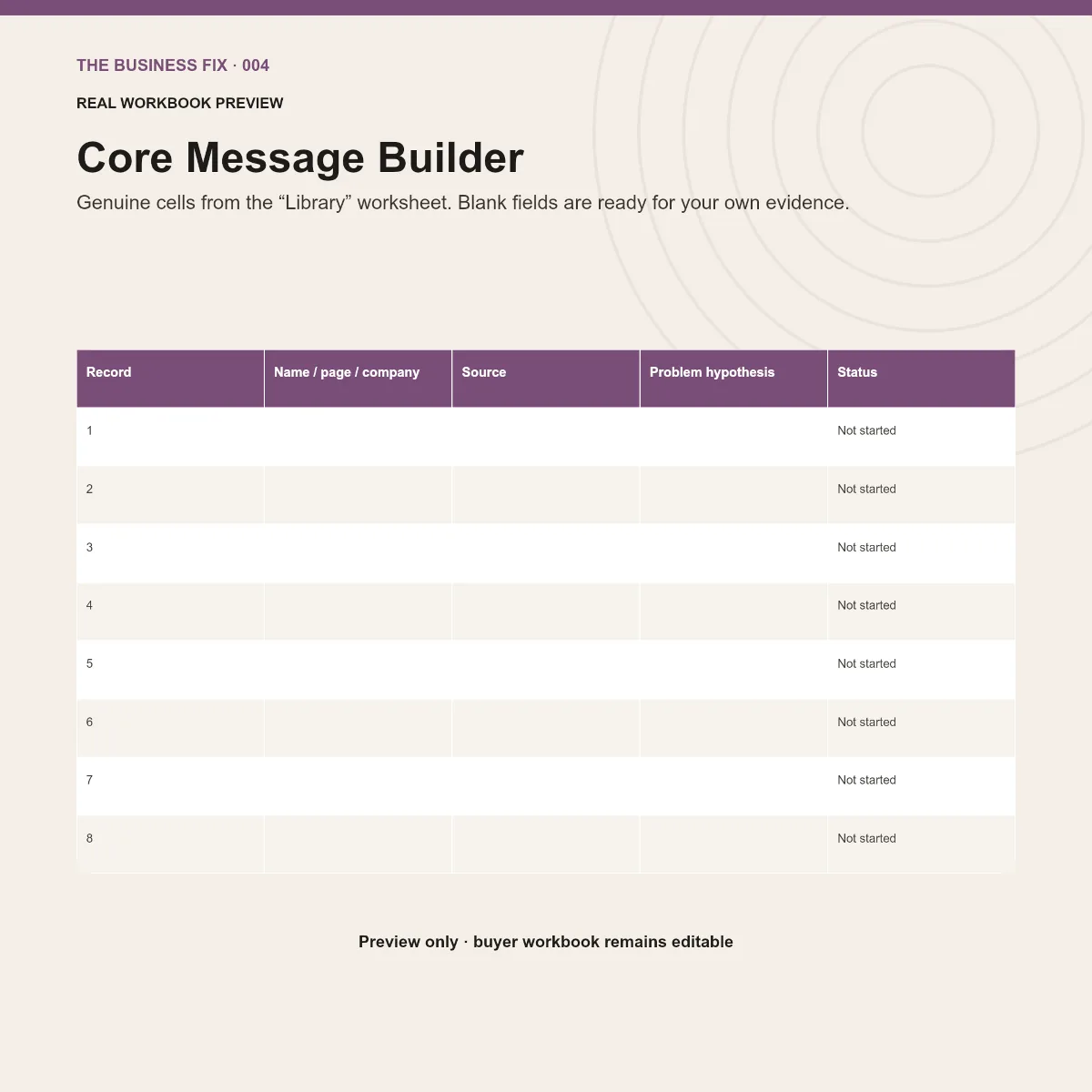 Preview of an editable workbook included in Business Fix 004, Build a Marketing System You Can Actually Maintain