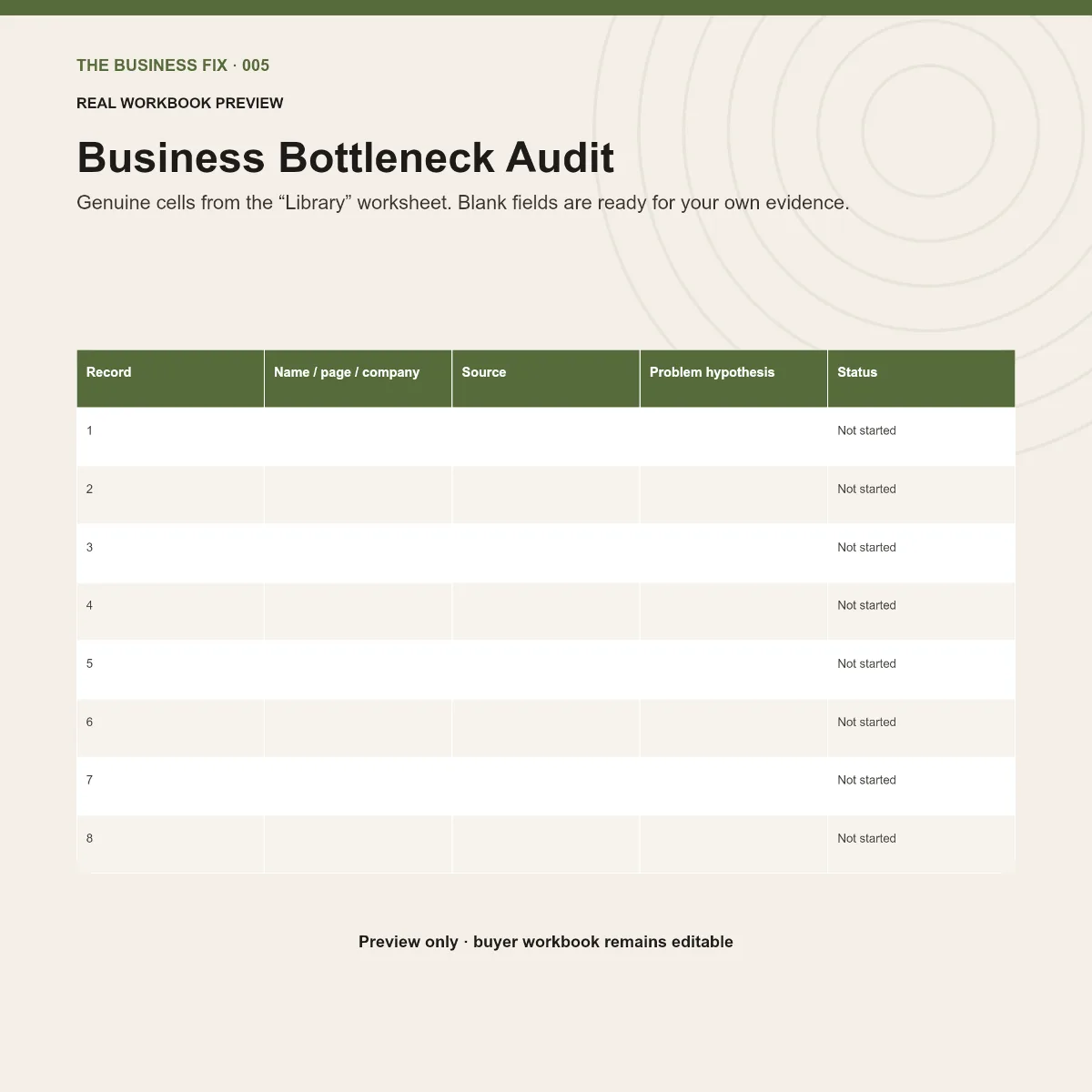 Preview of an editable workbook included in Business Fix 005, Build Your Business Operating System