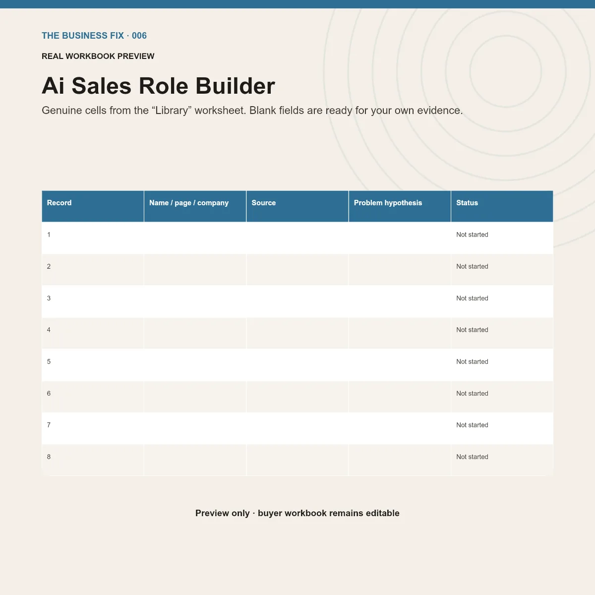 Preview of an editable workbook included in Business Fix 006, Build Your First AI Sales Employee