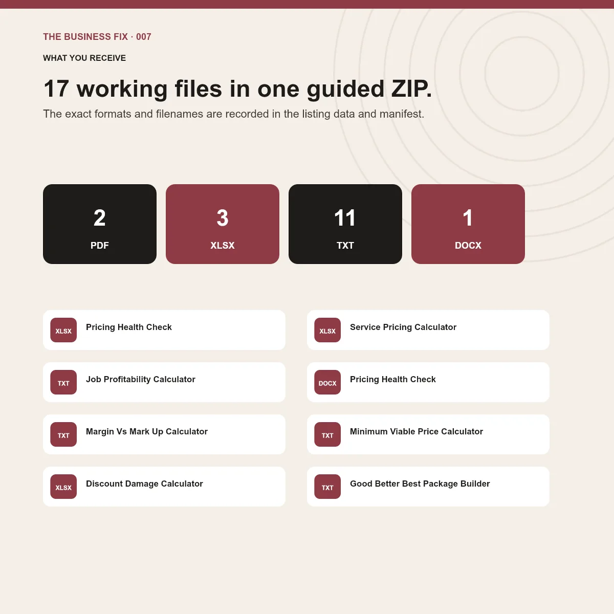 File formats and working tools included in Business Fix 007, Fix Your Pricing Before Chasing More Sales
