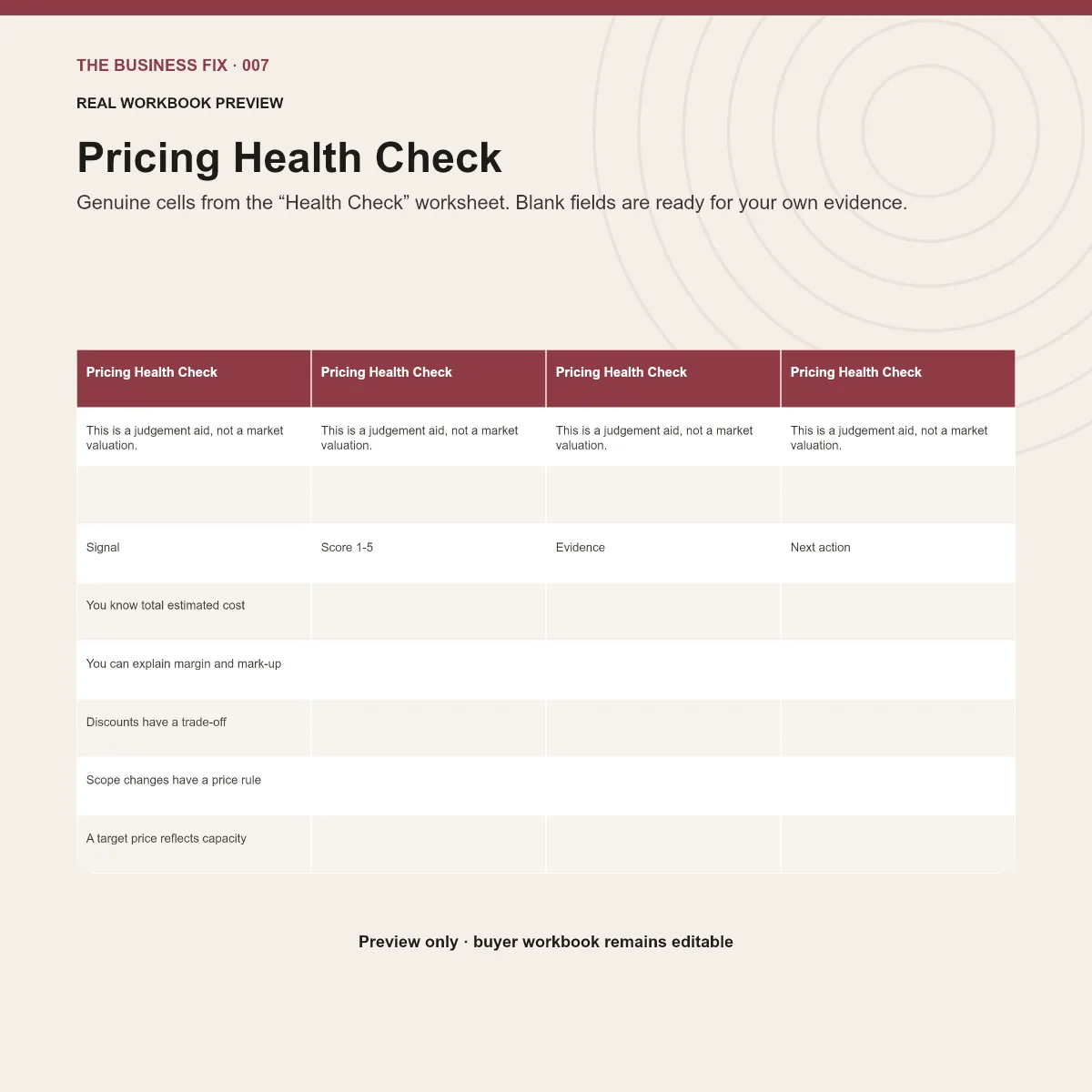 Preview of an editable workbook included in Business Fix 007, Fix Your Pricing Before Chasing More Sales