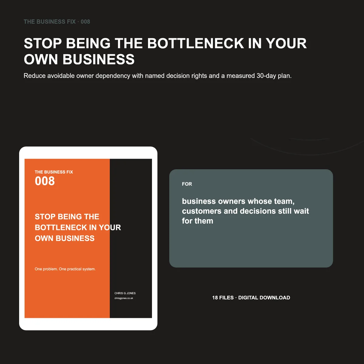 Business Fix 008, Stop Being the Bottleneck in Your Own Business, shown as a complete digital business toolkit