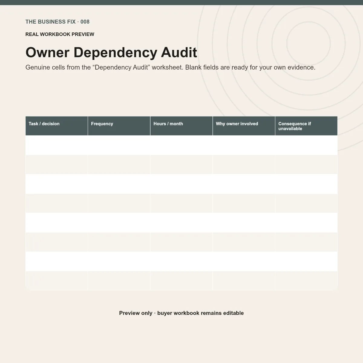 Preview of an editable workbook included in Business Fix 008, Stop Being the Bottleneck in Your Own Business