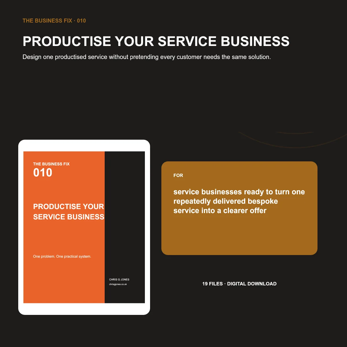 Business Fix 010, Productise Your Service Business, shown as a complete digital business toolkit