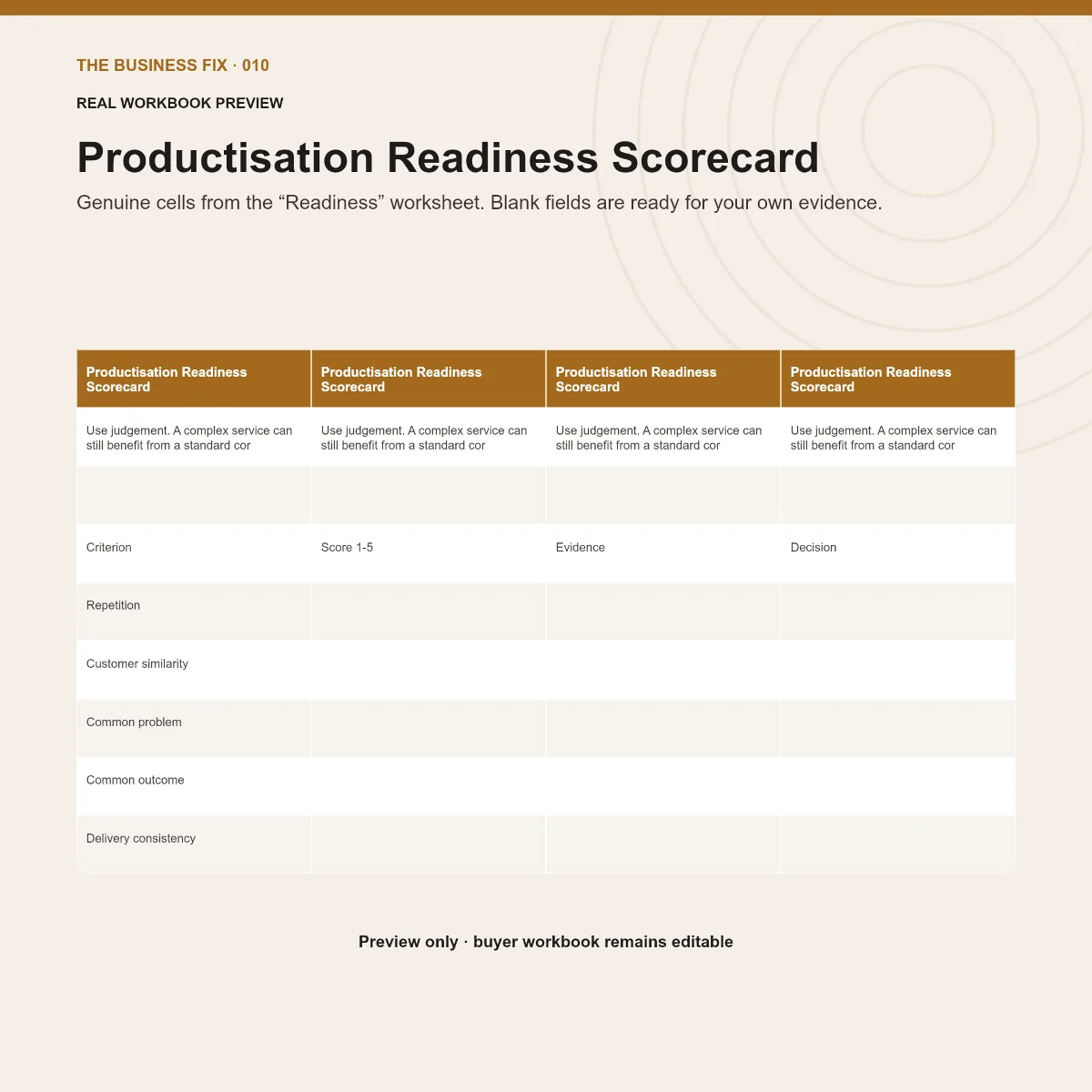 Preview of an editable workbook included in Business Fix 010, Productise Your Service Business