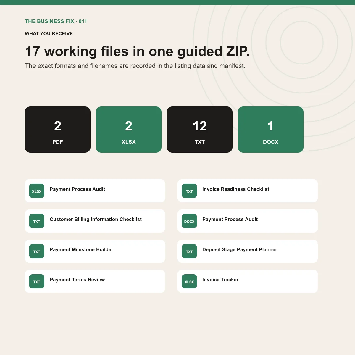 File formats and working tools included in Business Fix 011, Get Paid Faster