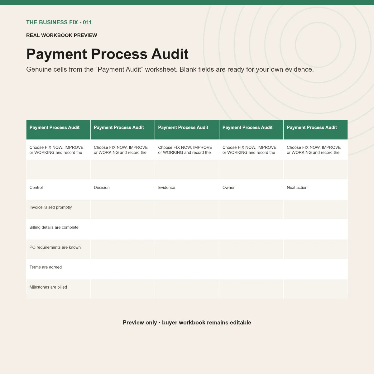 Preview of an editable workbook included in Business Fix 011, Get Paid Faster