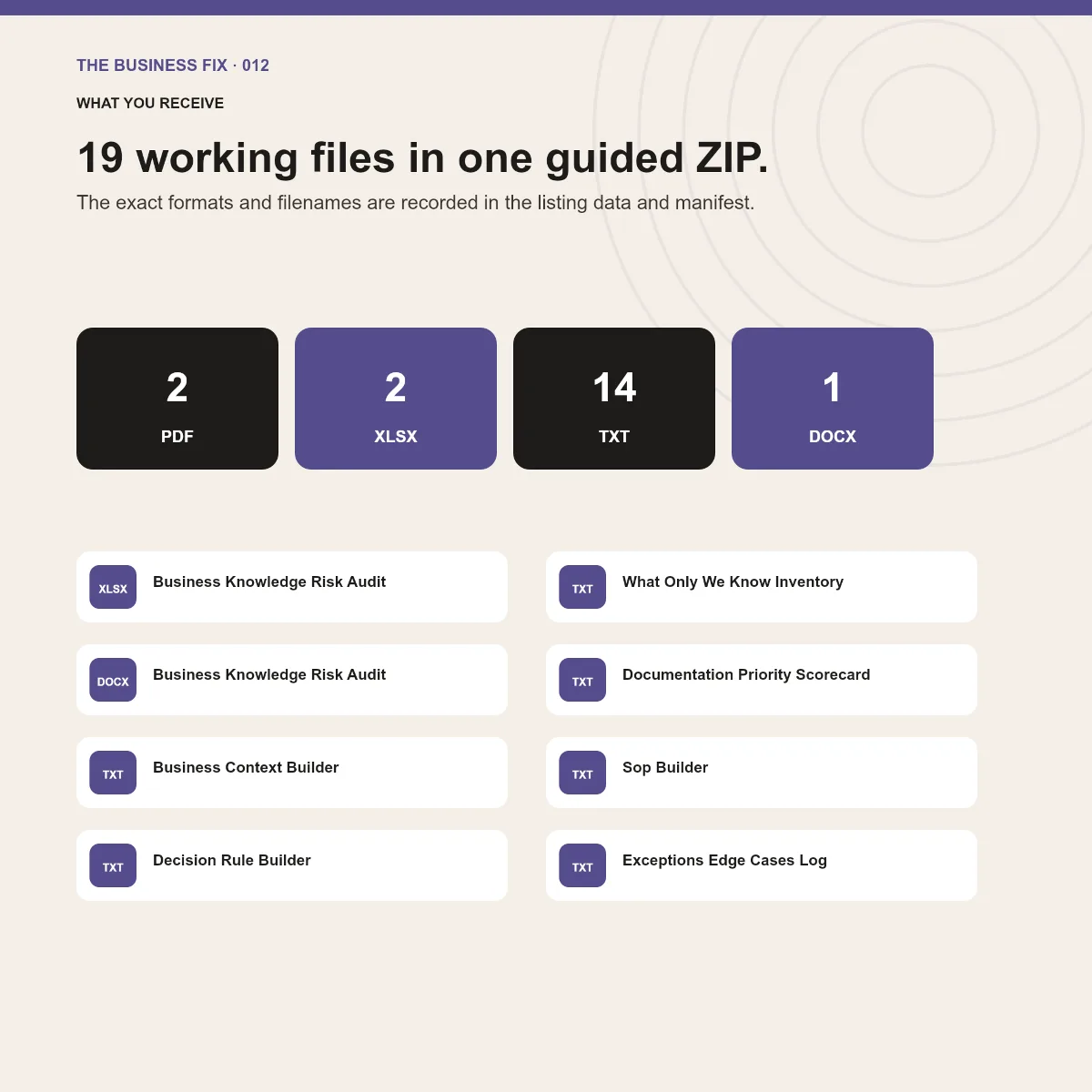 File formats and working tools included in Business Fix 012, Get Your Business Out of Your Head