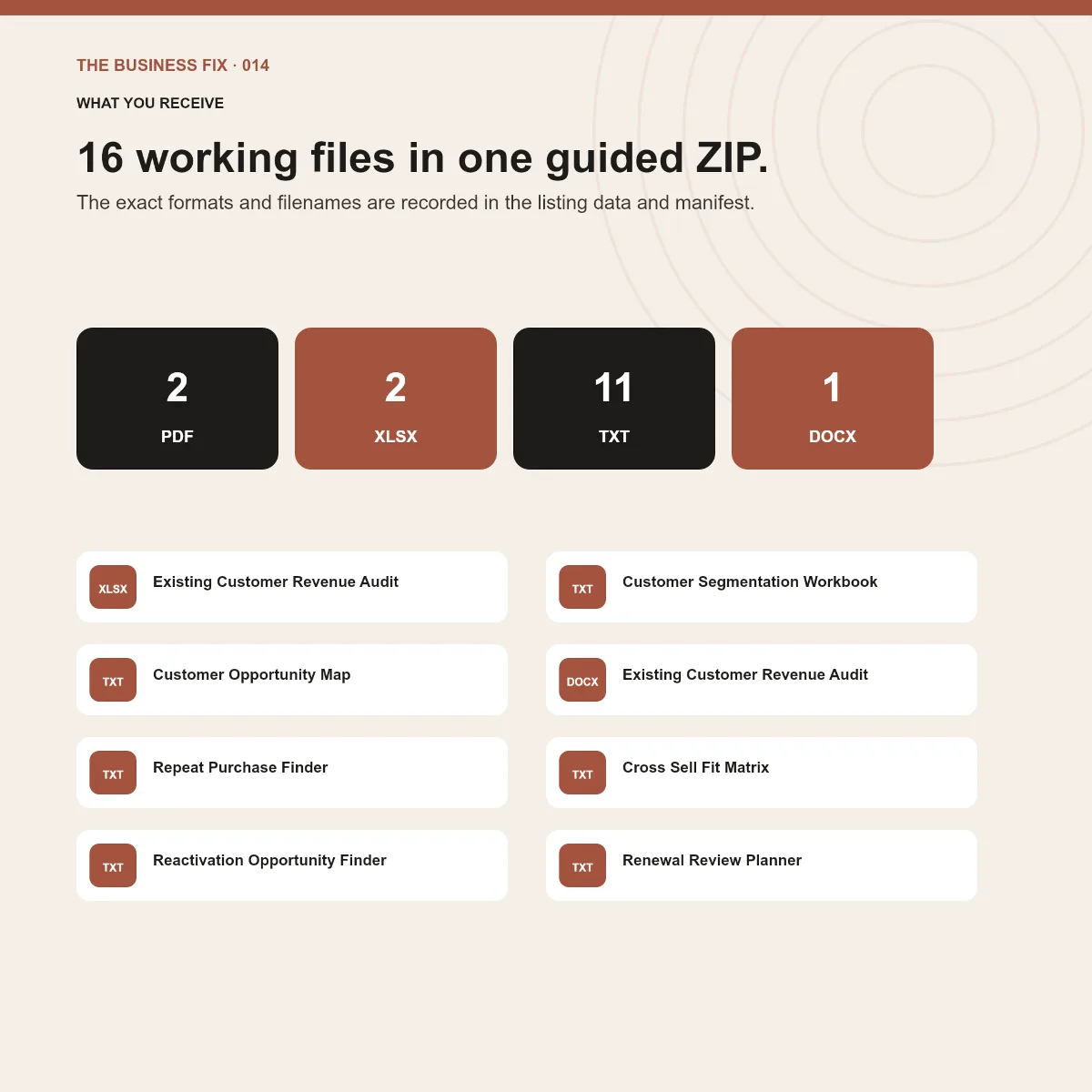 File formats and working tools included in Business Fix 014, Turn Existing Customers Into More Revenue