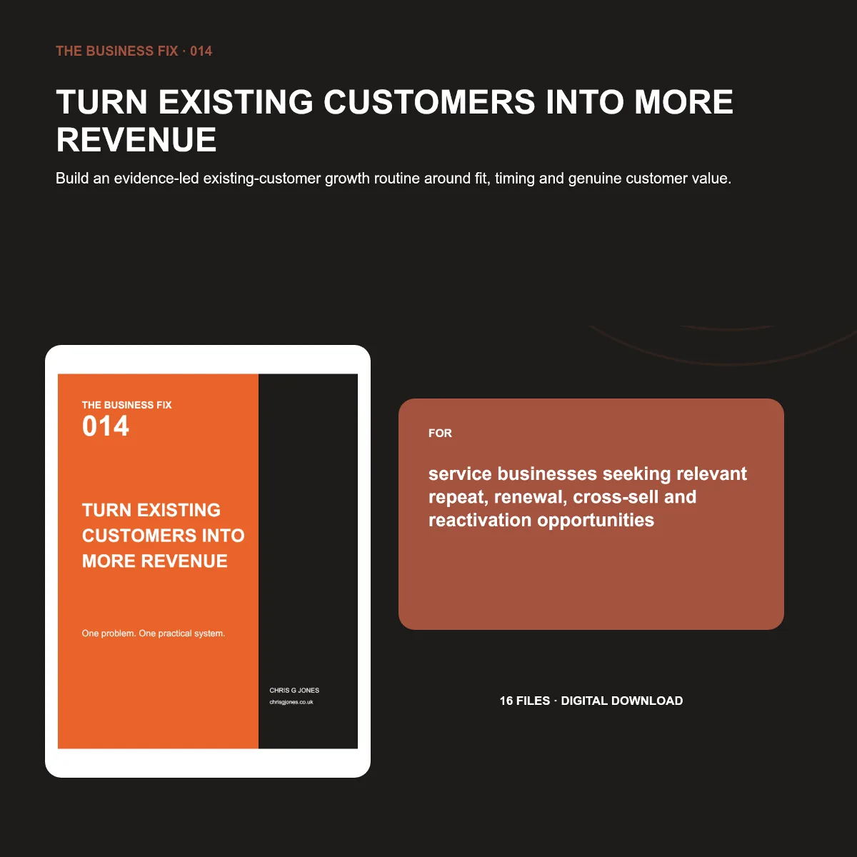 Business Fix 014, Turn Existing Customers Into More Revenue, shown as a complete digital business toolkit