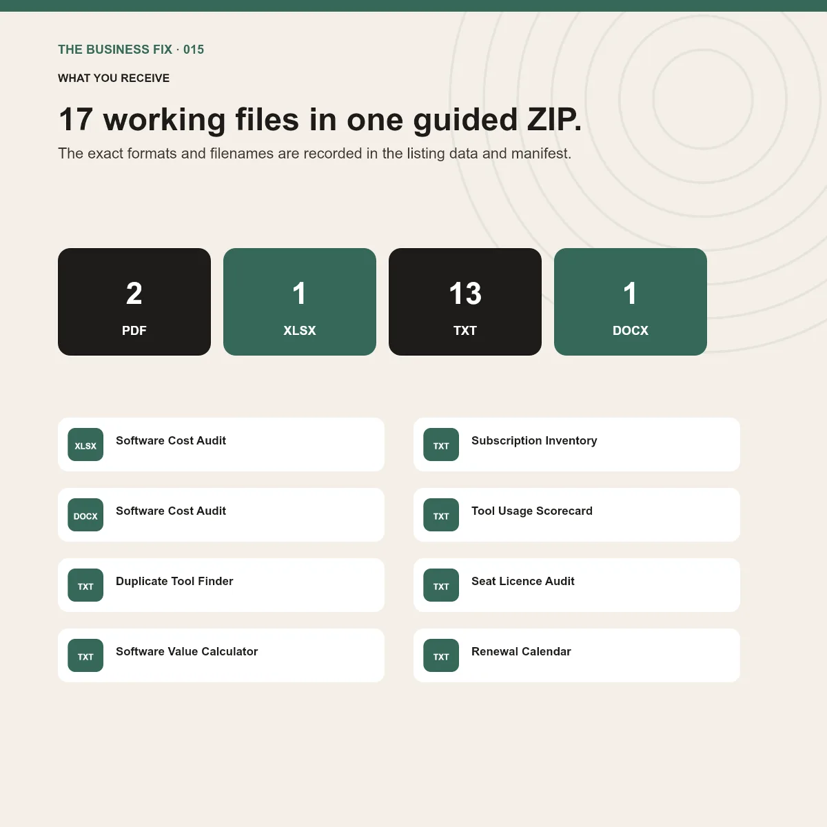 File formats and working tools included in Business Fix 015, Cut Your Software Bill