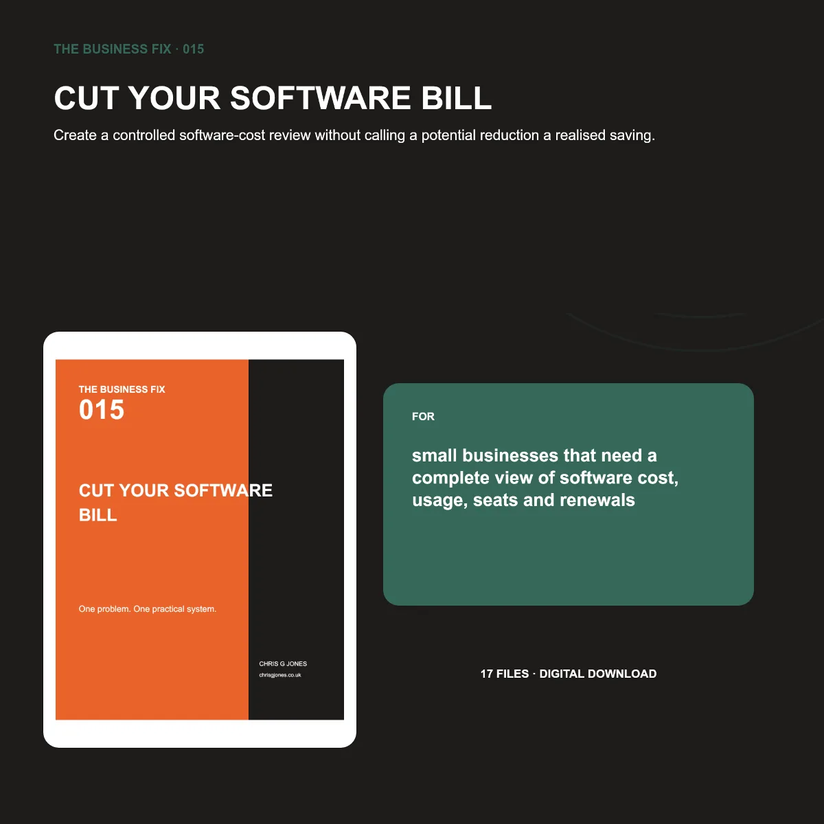 Business Fix 015, Cut Your Software Bill, shown as a complete digital business toolkit