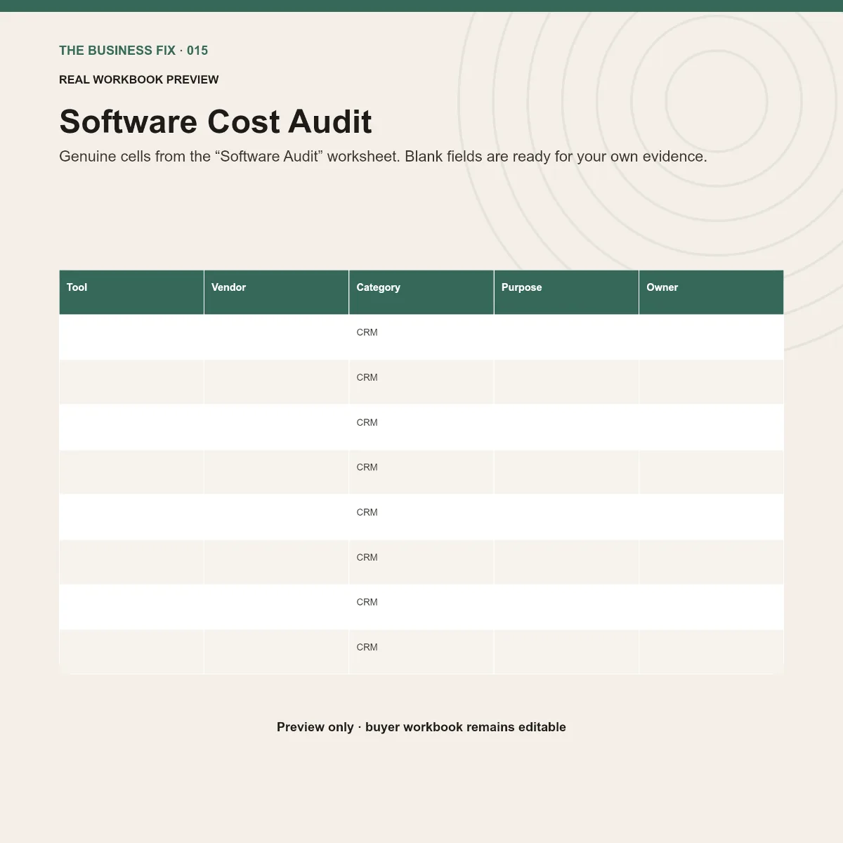 Preview of an editable workbook included in Business Fix 015, Cut Your Software Bill