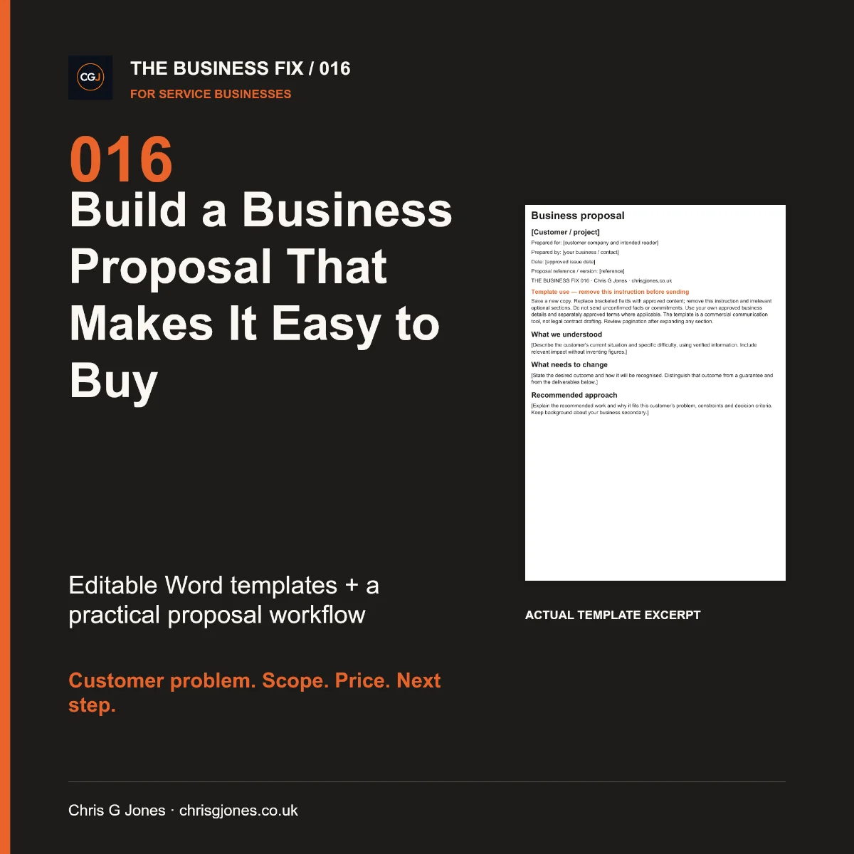 Business Fix 016, Build a Business Proposal That Makes It Easy to Buy, shown as a complete digital business toolkit