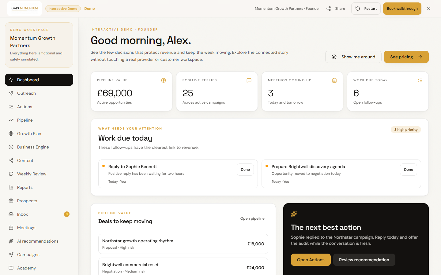 Gain Momentum fictional demo dashboard showing pipeline and follow-up priorities
